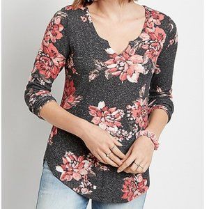 Maurices Black Floral Split Neck Cozy Tee Large